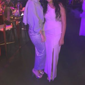 One shoulder Pink soiree dress with rhinestones.